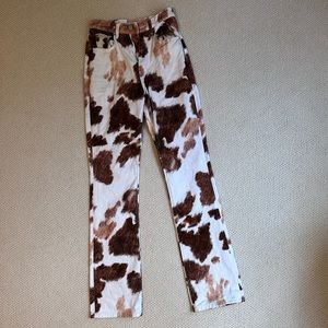 We Wore What denim flare crop cow print pants